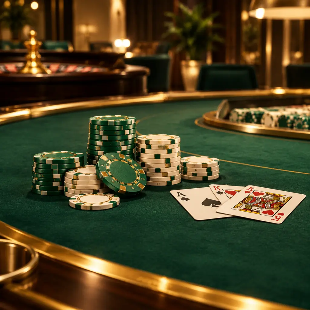 Susunan chip dan meja kasino jade dalam pencahayaan hangat