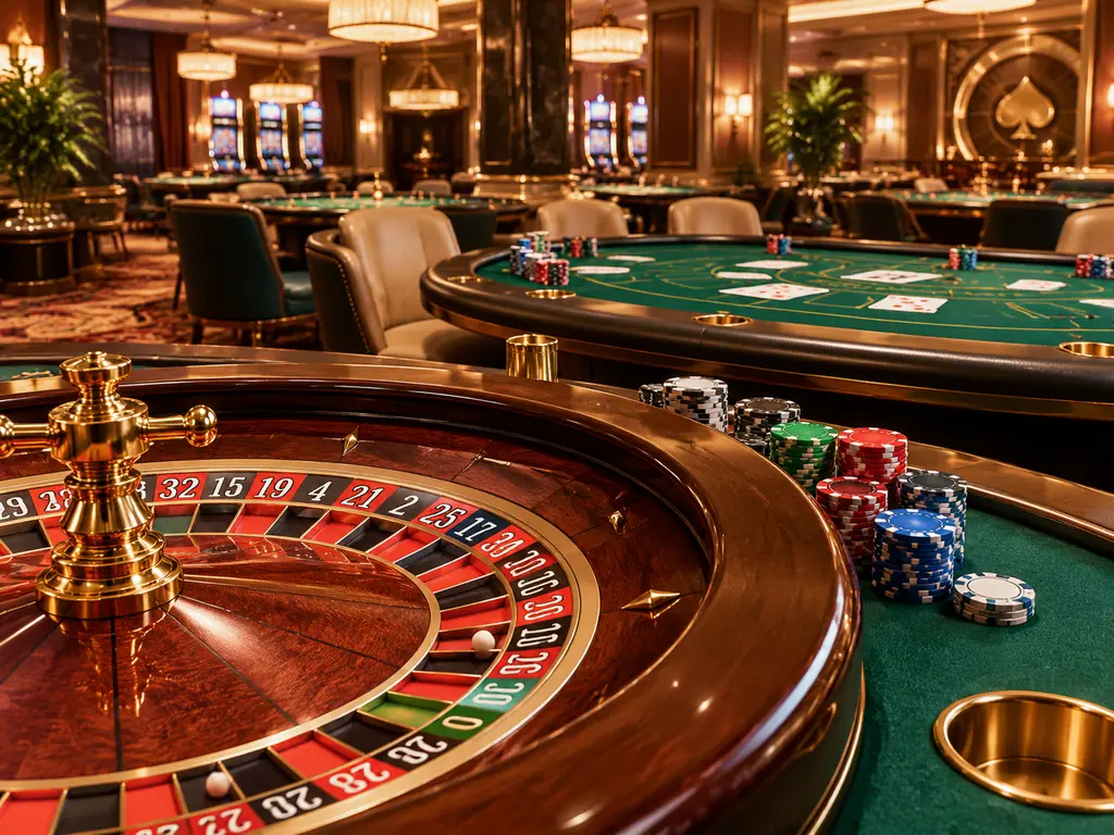 Lantai kasino dengan meja roulette dan meja kartu berwarna jade
