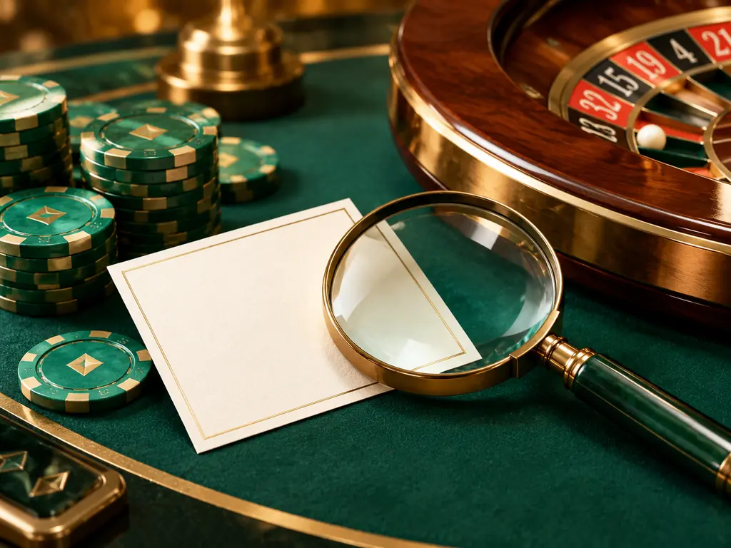 Kaca pembesar dan catatan kosong di meja roulette kasino