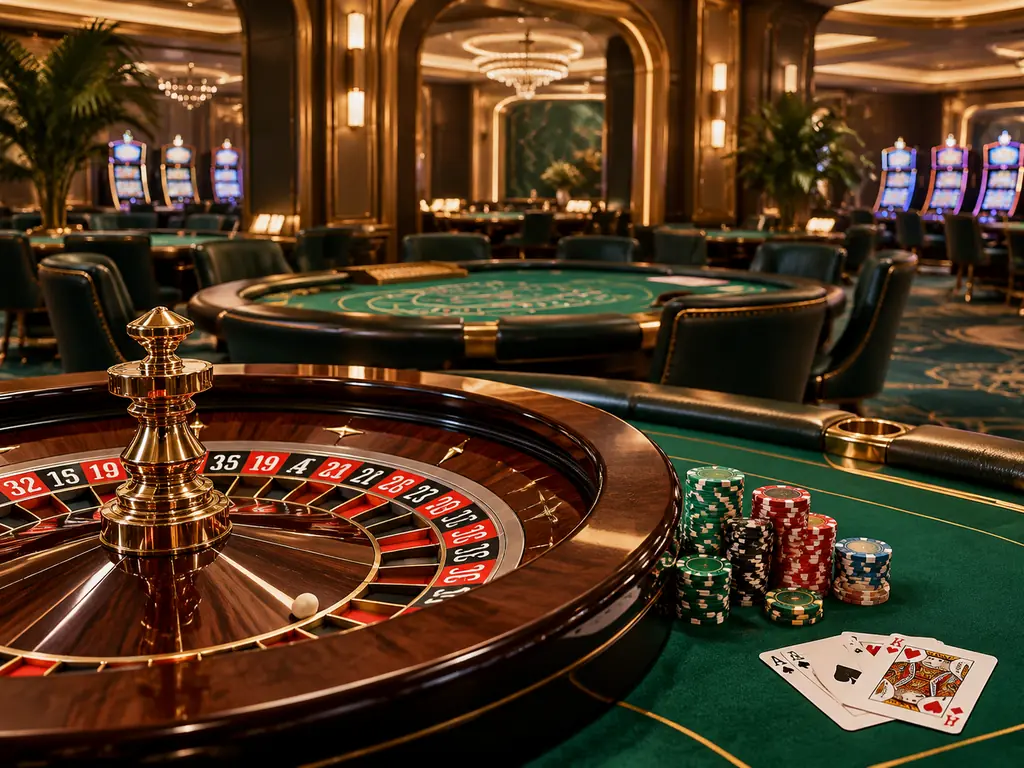 Ilustrasi aula kasino jade dengan meja roulette dan meja kartu