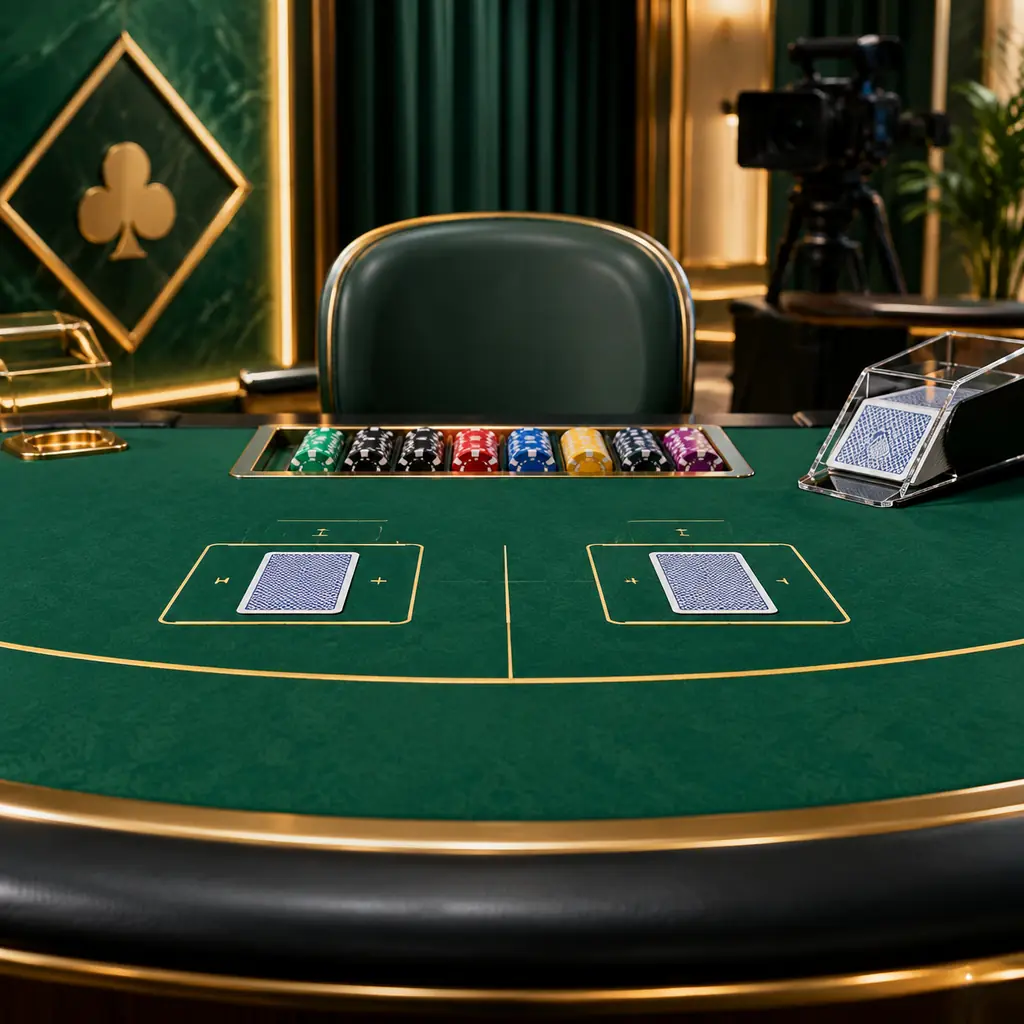 Meja kartu dan chip dalam suasana kasino jade