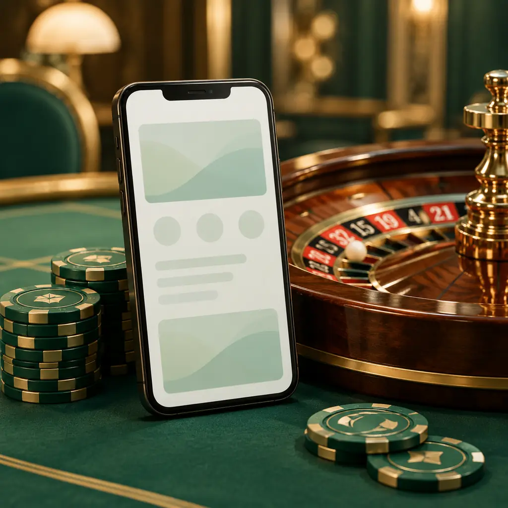 Ponsel dengan tampilan abstrak di dekat roda roulette kasino