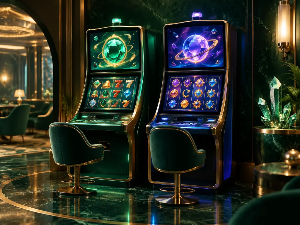 Dua kabinet slot bertema antariksa di ruang kasino jade