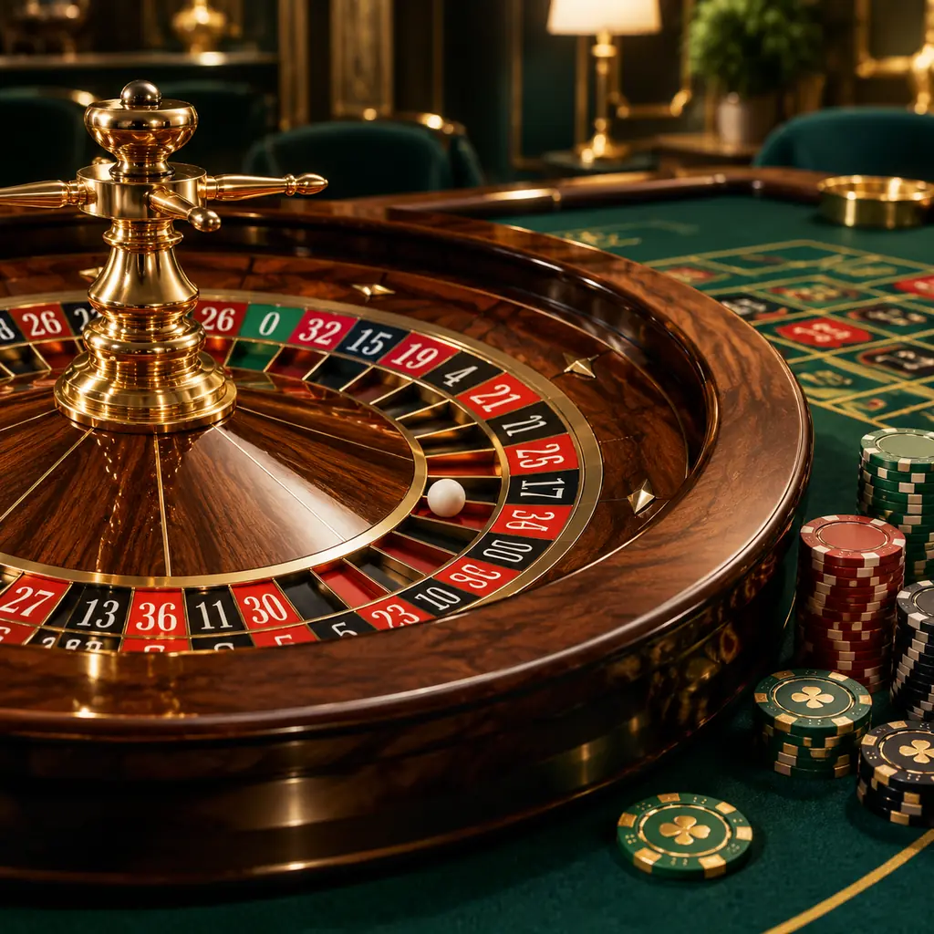 Roda roulette satu nol dan chip pada meja kasino jade